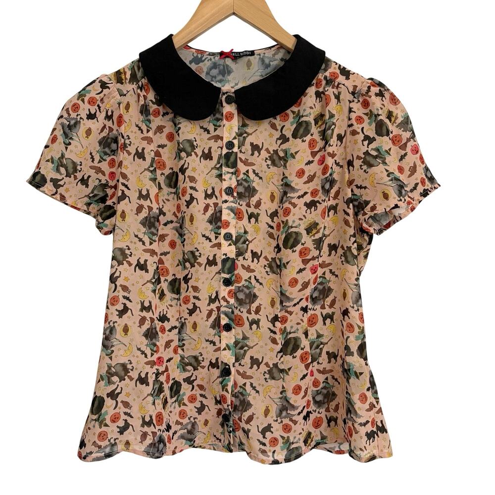 Hell Bunny Witchy Short Sleeve Blouse Chiffon Halloween Pumpkin Witch Sz Large